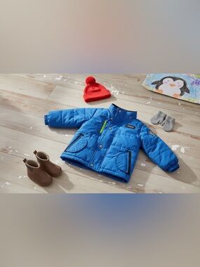 OshKosh B'gosh Toddler Winter Puffer Jacket Bright Blue Penguin Patch Sz‎ 24M